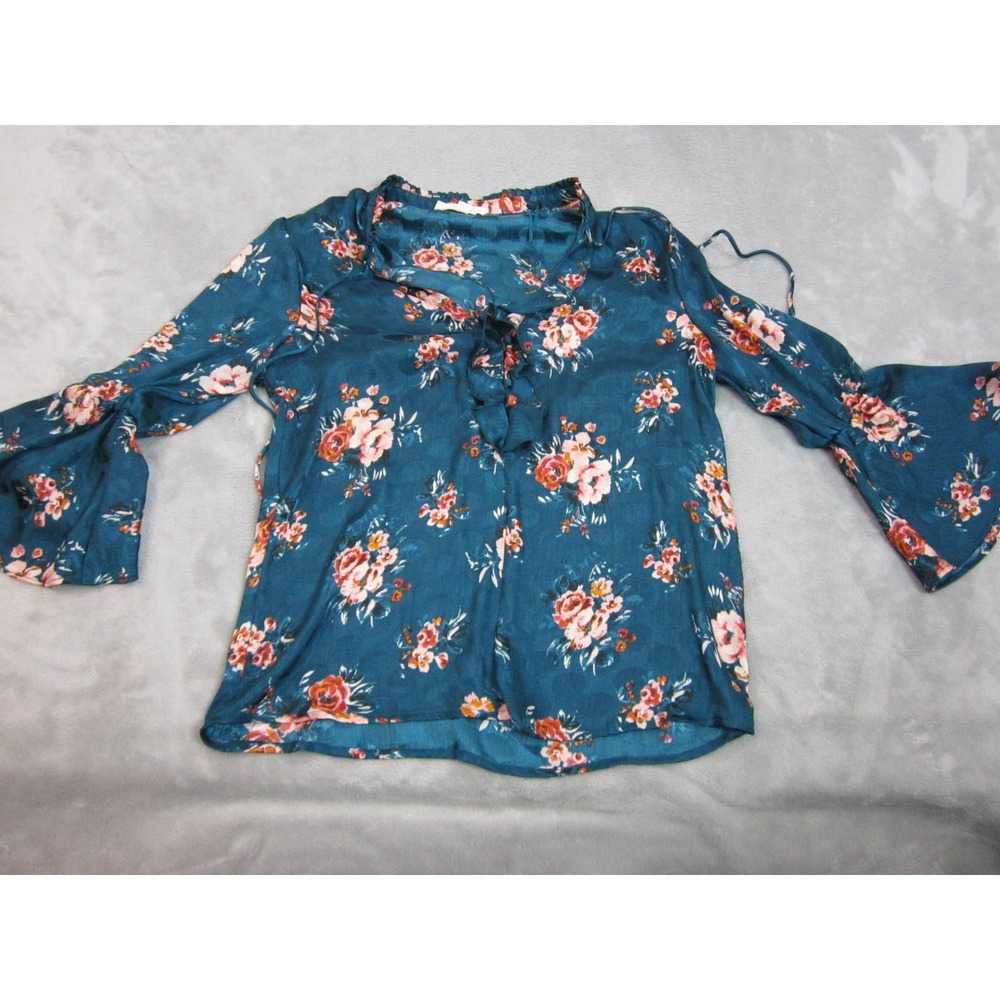 Lovestitch Floral Blouse Women S Teal Blue Bell Sleeve Boho Ruffle Tie